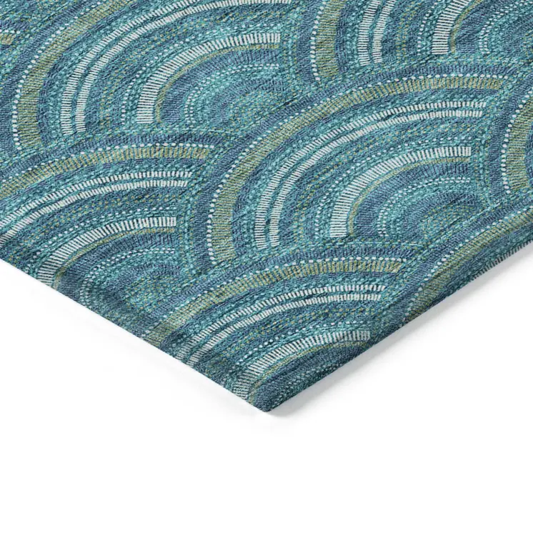 8' X 10' Teal Blue Fern Green And Ivory Geometric Washable Indoor Outdoor Area Rug