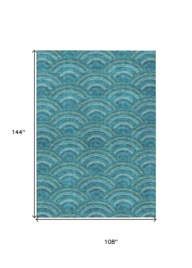 9' X 12' Teal Blue Fern Green And Ivory Geometric Washable Indoor Outdoor Area Rug