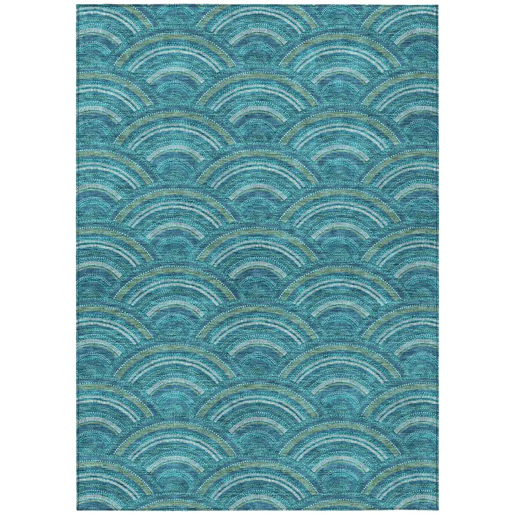 9' X 12' Teal Blue Fern Green And Ivory Geometric Washable Indoor Outdoor Area Rug