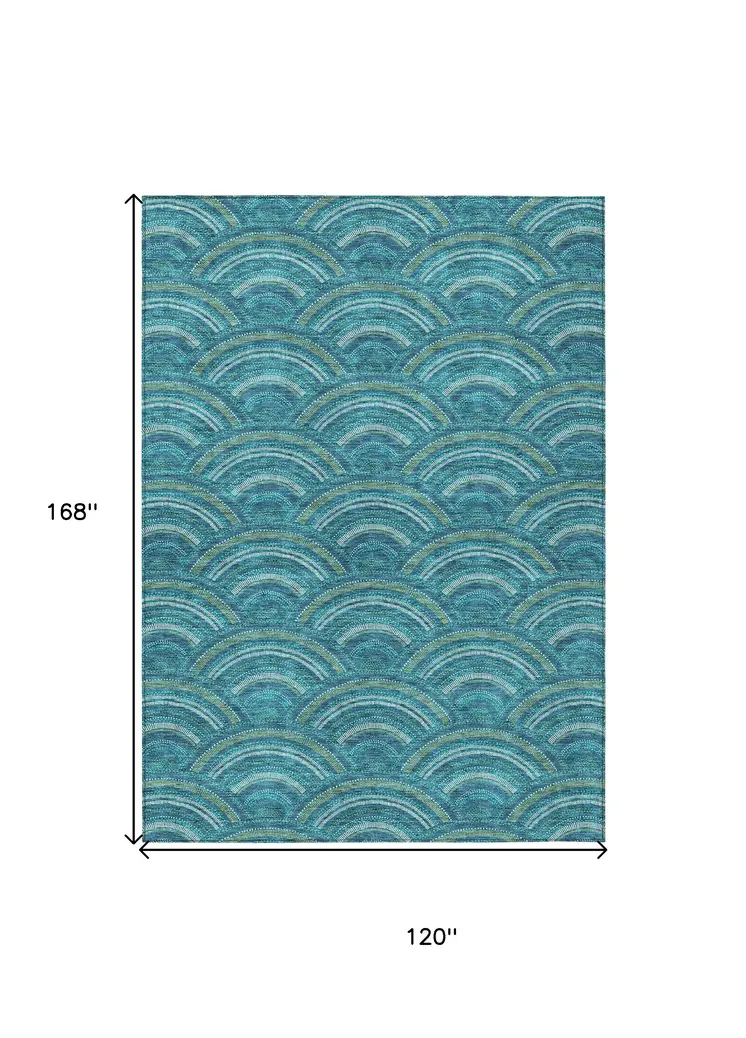 10' X 14' Teal Blue Fern Green And Ivory Geometric Washable Indoor Outdoor Area Rug