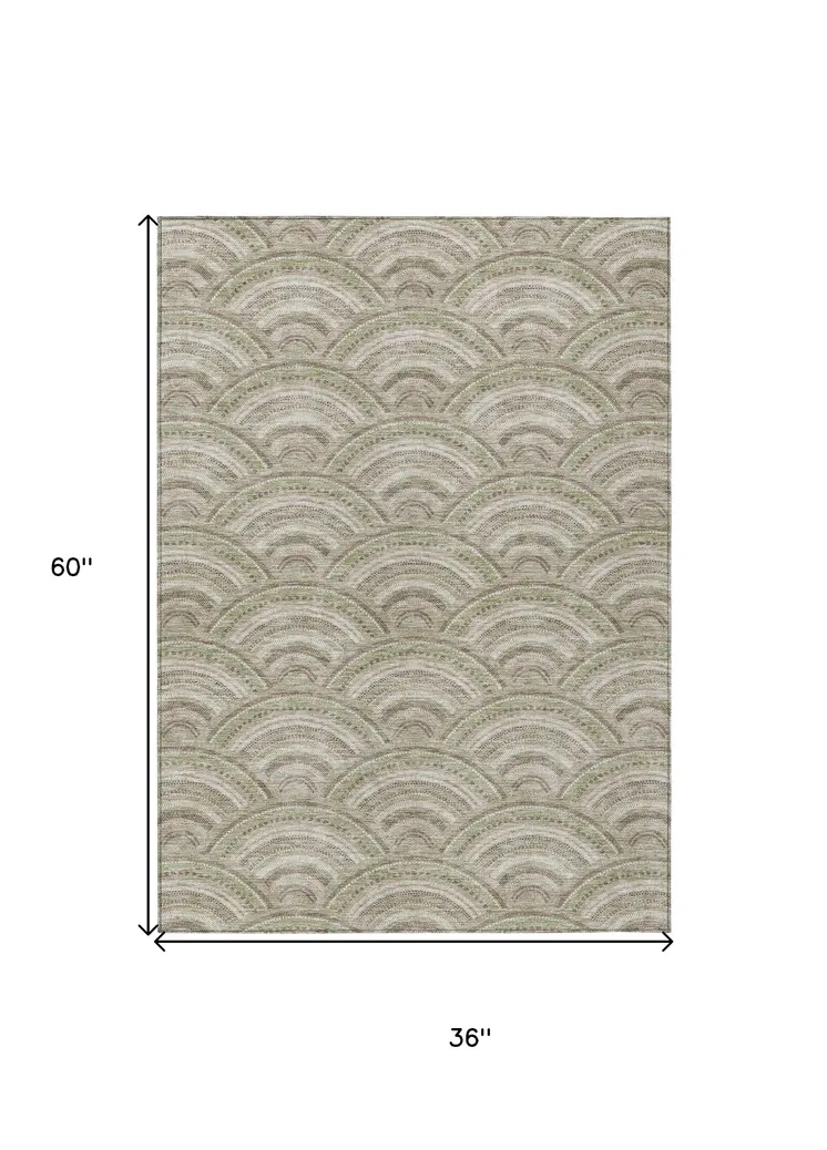 3' X 5' Taupe Fern Green And Ivory Geometric Washable Indoor Outdoor Area Rug