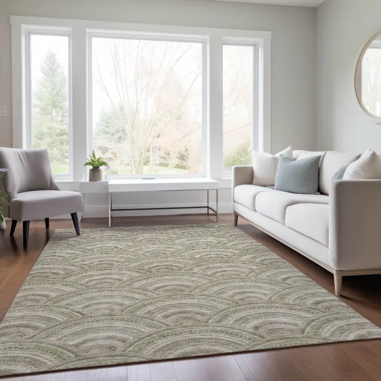 3' X 5' Taupe Fern Green And Ivory Geometric Washable Indoor Outdoor Area Rug