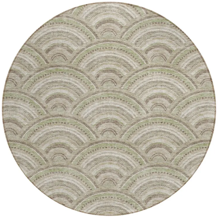 8' Taupe Fern Green And Ivory Round Geometric Washable Indoor Outdoor Area Rug