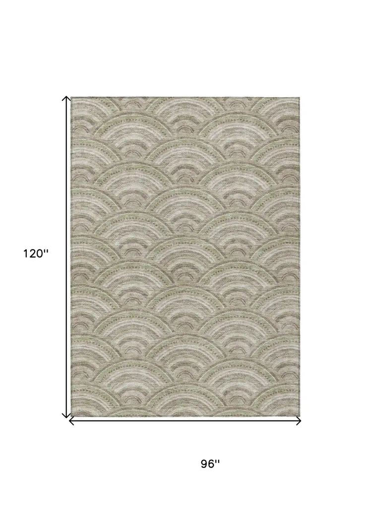 8' X 10' Taupe Fern Green And Ivory Geometric Washable Indoor Outdoor Area Rug