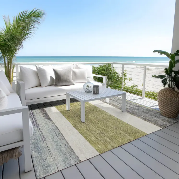 3' X 5' Artichoke Green Ivory And Blue Abstract Washable Indoor Outdoor Area Rug