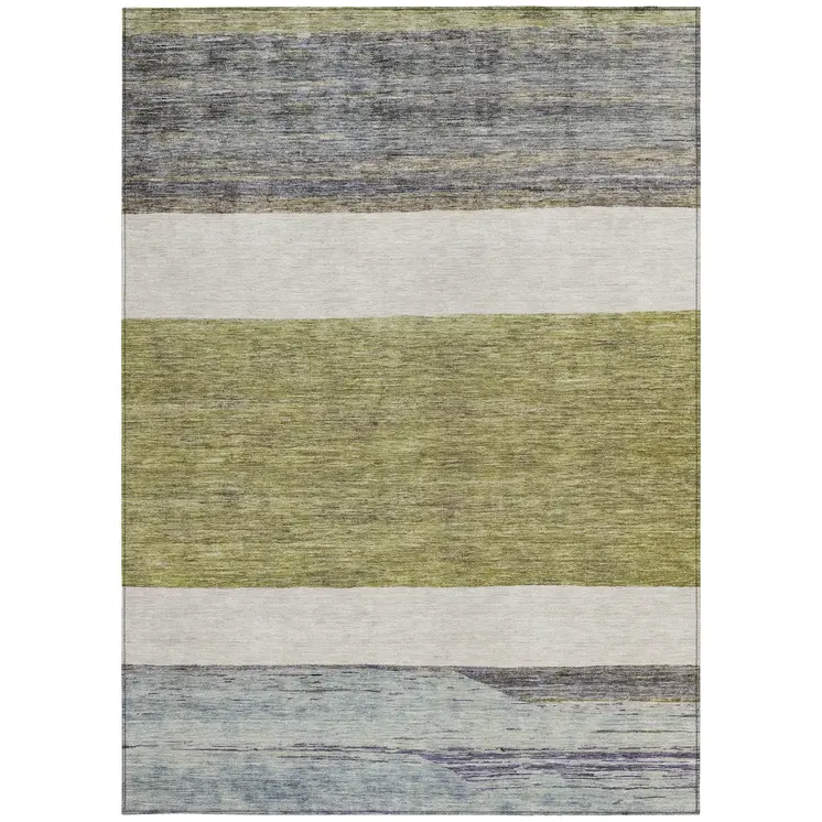 5' X 8' Artichoke Green Ivory And Blue Abstract Washable Indoor Outdoor Area Rug