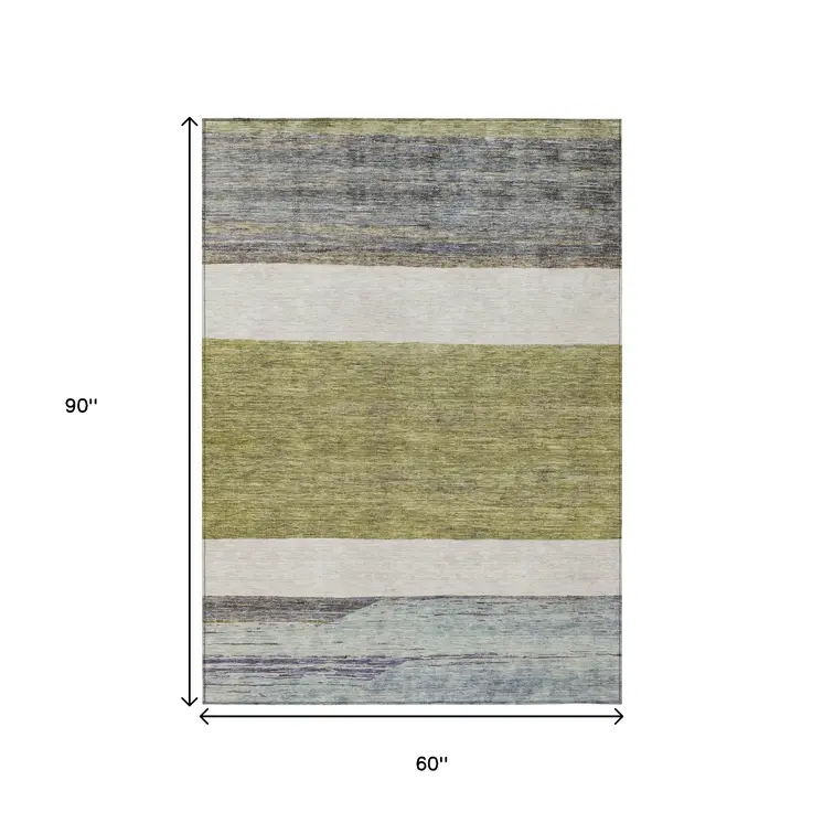 5' X 8' Artichoke Green Ivory And Blue Abstract Washable Indoor Outdoor Area Rug