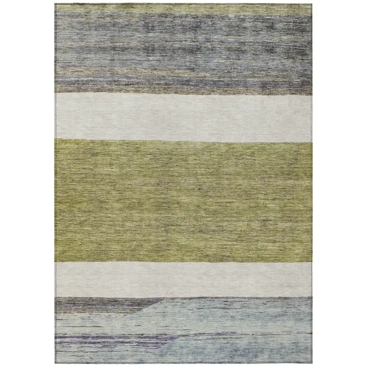 5' X 8' Artichoke Green Ivory And Blue Abstract Washable Indoor Outdoor Area Rug