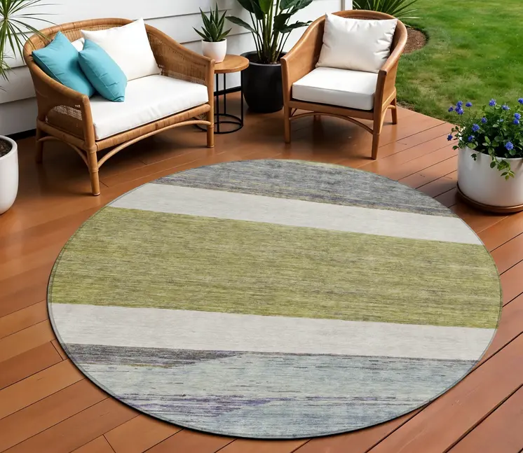 8' Artichoke Green Ivory And Blue Round Abstract Washable Indoor Outdoor Area Rug