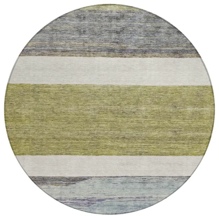 8' Artichoke Green Ivory And Blue Round Abstract Washable Indoor Outdoor Area Rug