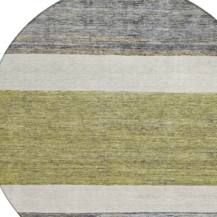 8' Artichoke Green Ivory And Blue Round Abstract Washable Indoor Outdoor Area Rug