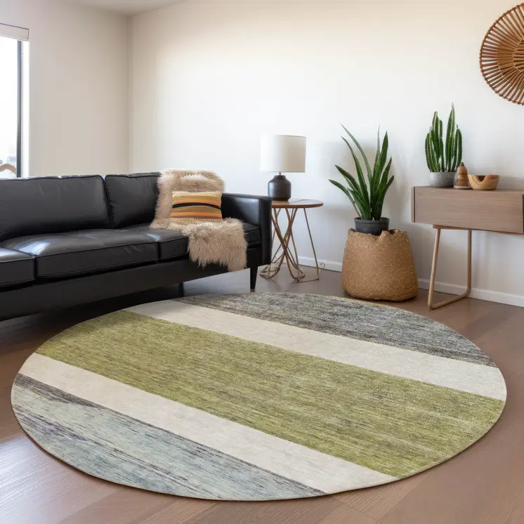 8' Artichoke Green Ivory And Blue Round Abstract Washable Indoor Outdoor Area Rug