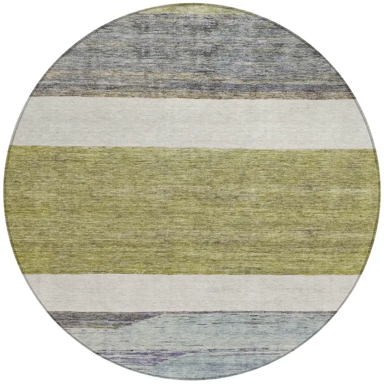 8' Artichoke Green Ivory And Blue Round Abstract Washable Indoor Outdoor Area Rug