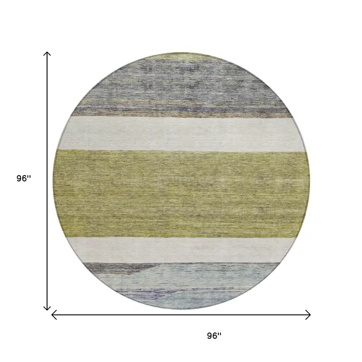 8' Artichoke Green Ivory And Blue Round Abstract Washable Indoor Outdoor Area Rug