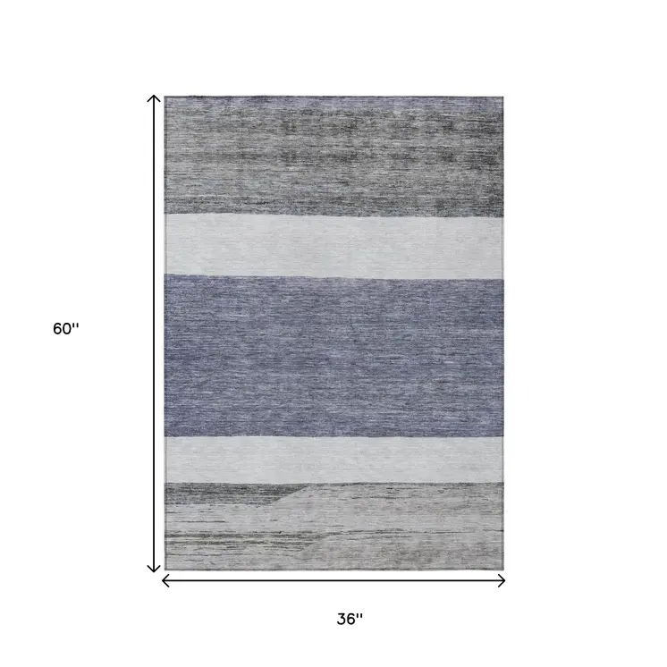 3' X 5' Denim Blue Ivory And Gray Abstract Washable Indoor Outdoor Area Rug