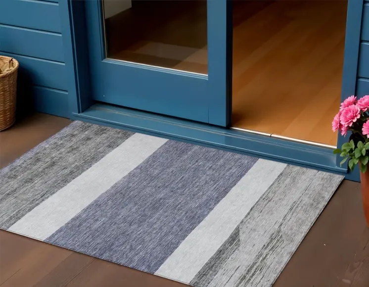 3' X 5' Denim Blue Ivory And Gray Abstract Washable Indoor Outdoor Area Rug