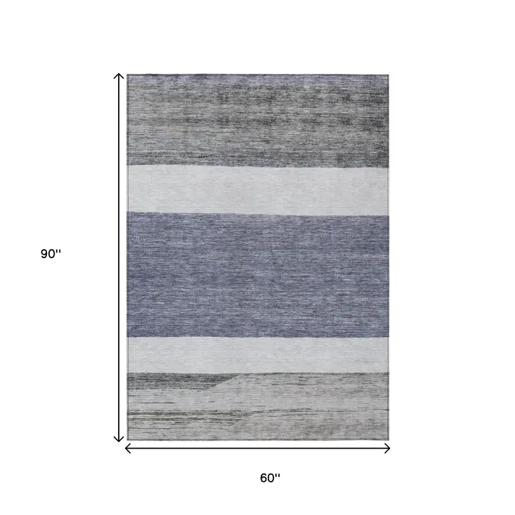 5' X 8' Denim Blue Ivory And Gray Abstract Washable Indoor Outdoor Area Rug