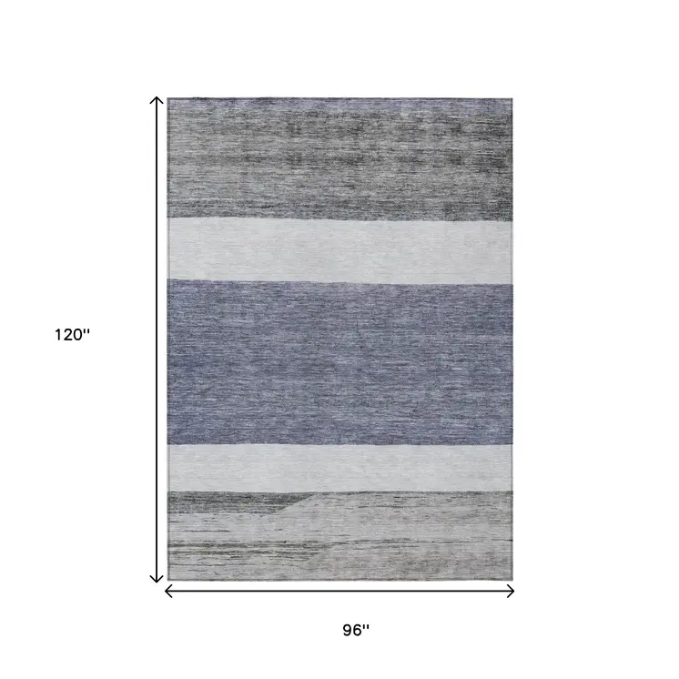 8' X 10' Denim Blue Ivory And Gray Abstract Washable Indoor Outdoor Area Rug