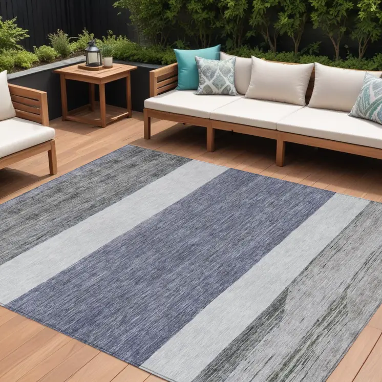 8' X 10' Denim Blue Ivory And Gray Abstract Washable Indoor Outdoor Area Rug