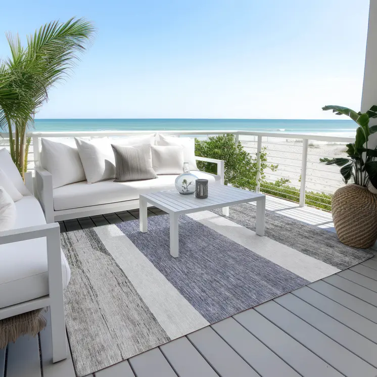 8' X 10' Denim Blue Ivory And Gray Abstract Washable Indoor Outdoor Area Rug