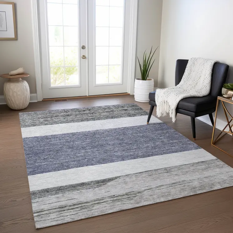 8' X 10' Denim Blue Ivory And Gray Abstract Washable Indoor Outdoor Area Rug