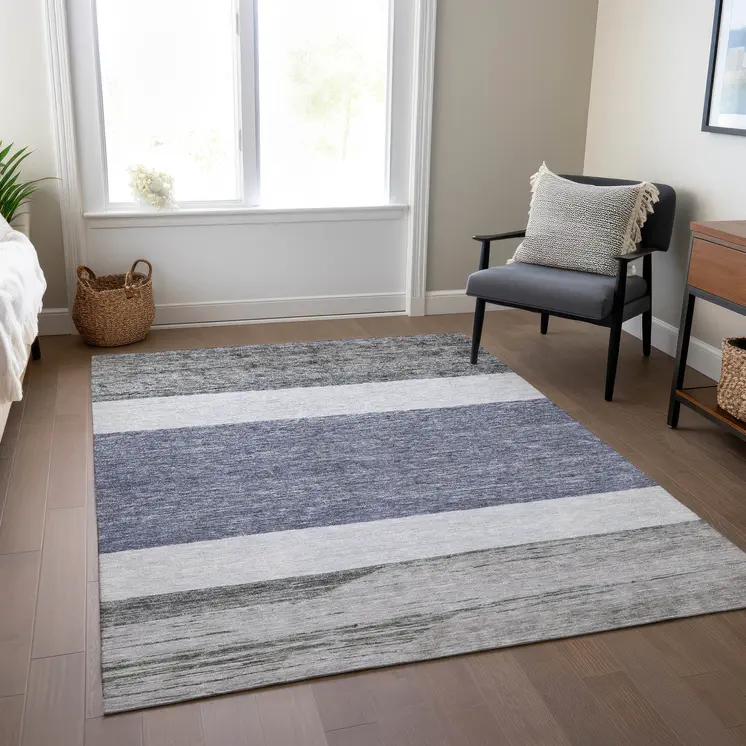 8' X 10' Denim Blue Ivory And Gray Abstract Washable Indoor Outdoor Area Rug