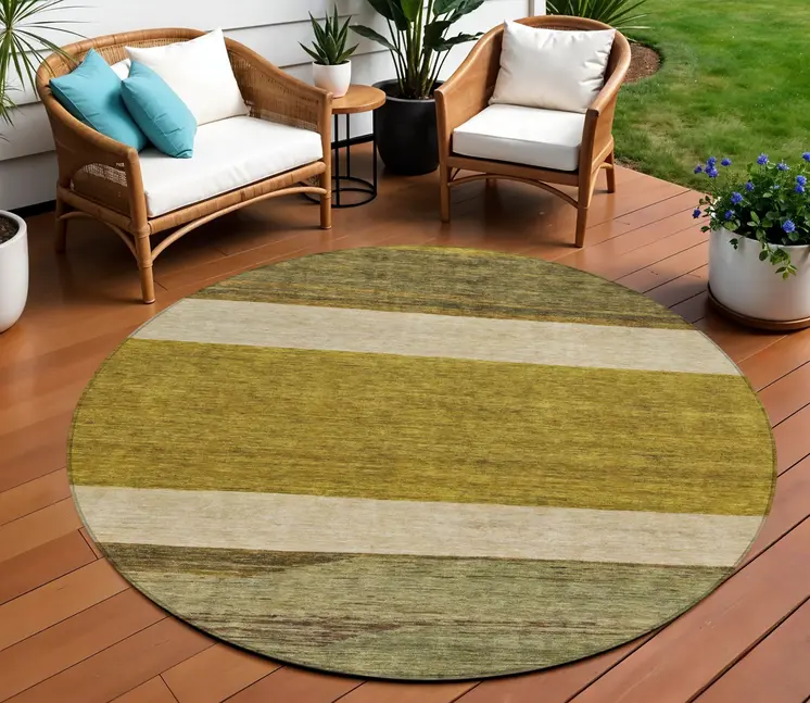 8' Gold Beige And Gray Round Abstract Washable Indoor Outdoor Area Rug