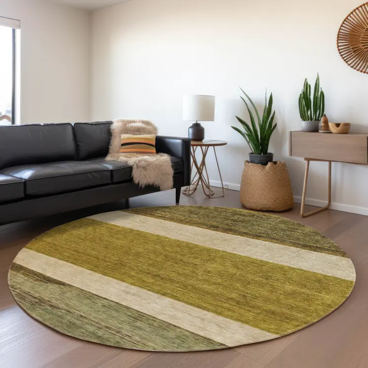 8' Gold Beige And Gray Round Abstract Washable Indoor Outdoor Area Rug