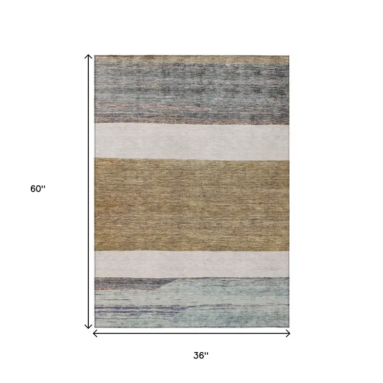 3' X 5' Brown Ivory And Blue Abstract Washable Indoor Outdoor Area Rug
