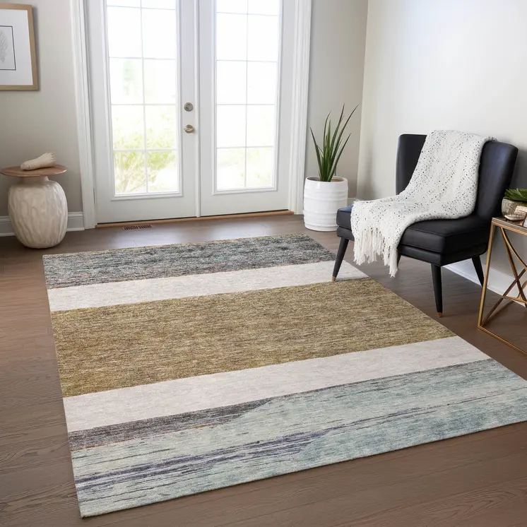 3' X 5' Brown Ivory And Blue Abstract Washable Indoor Outdoor Area Rug