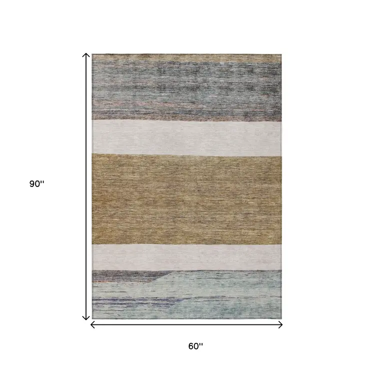 5' X 8' Brown Ivory And Blue Abstract Washable Indoor Outdoor Area Rug