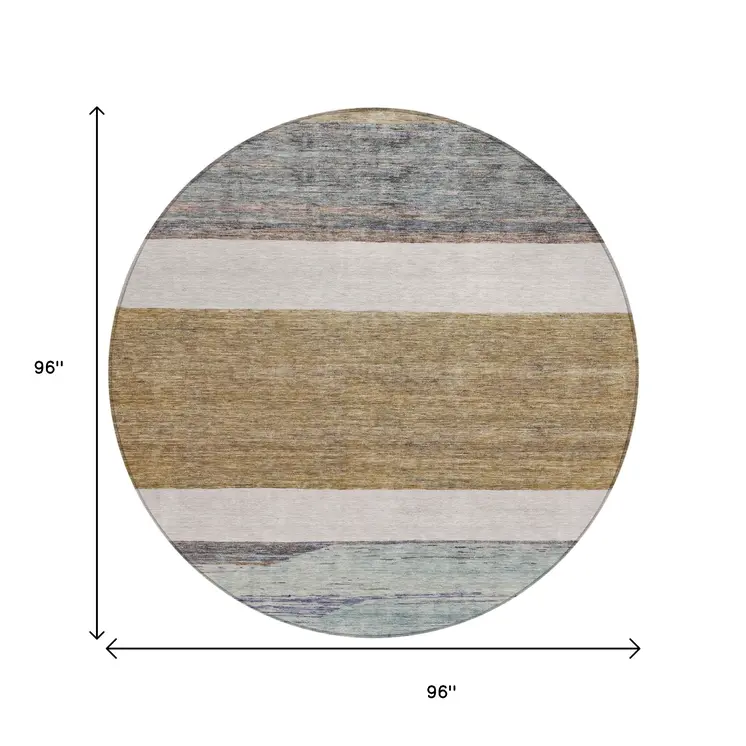 8' Brown Ivory And Blue Round Abstract Washable Indoor Outdoor Area Rug