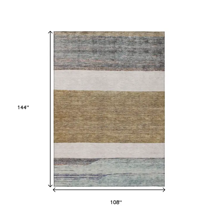 9' X 12' Brown Ivory And Blue Abstract Washable Indoor Outdoor Area Rug