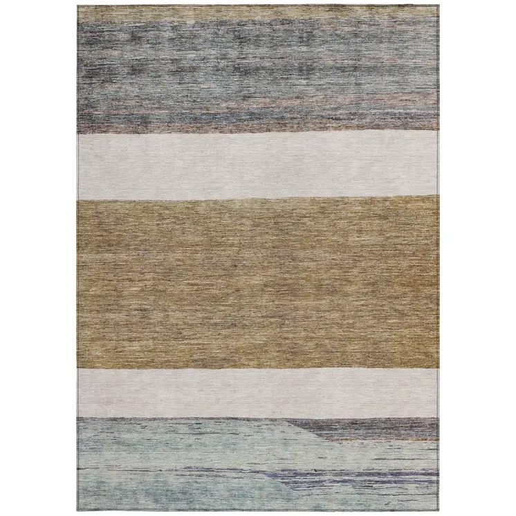 9' X 12' Brown Ivory And Blue Abstract Washable Indoor Outdoor Area Rug