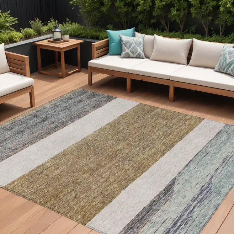 10' X 14' Brown Ivory And Blue Abstract Washable Indoor Outdoor Area Rug