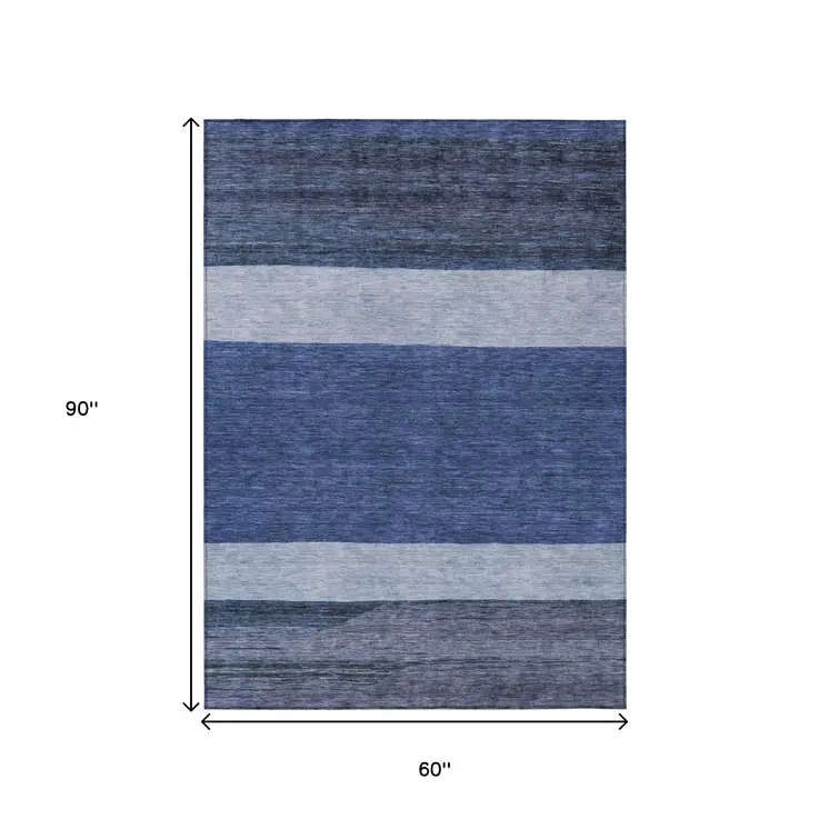 5' X 8' Navy Blue Sky Blue And Charcoal Abstract Washable Indoor Outdoor Area Rug