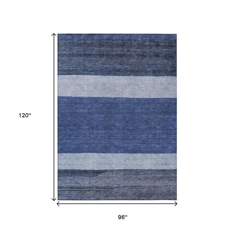 8' X 10' Navy Blue Sky Blue And Charcoal Abstract Washable Indoor Outdoor Area Rug