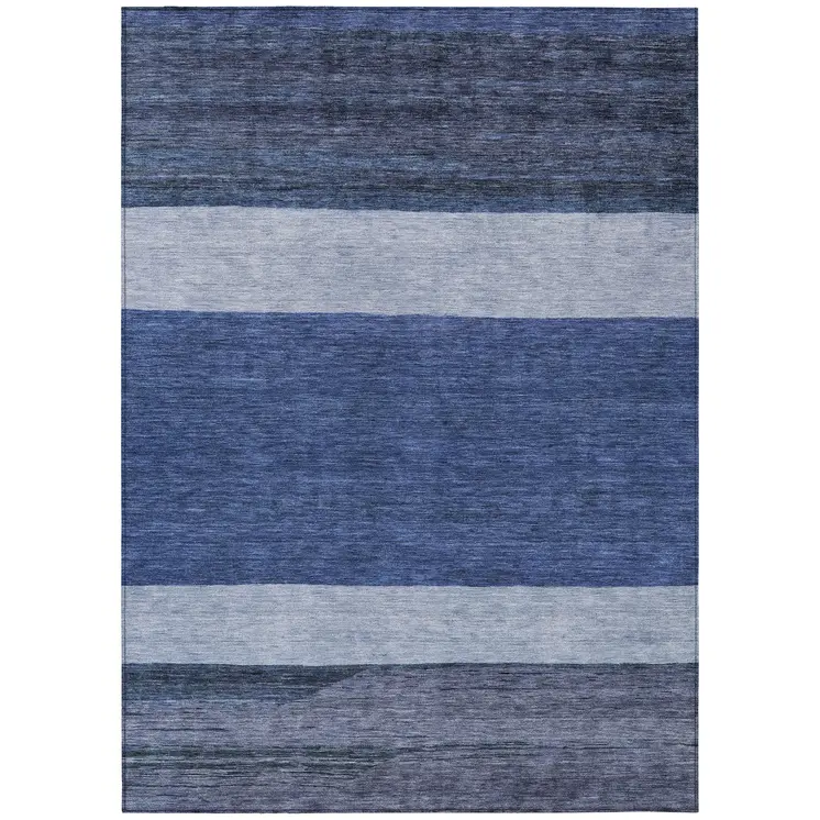 9' X 12' Navy Blue Sky Blue And Charcoal Abstract Washable Indoor Outdoor Area Rug