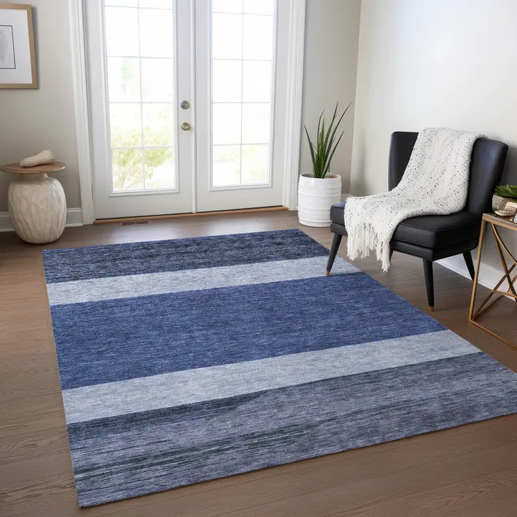 10' X 14' Navy Blue Sky Blue And Charcoal Abstract Washable Indoor Outdoor Area Rug