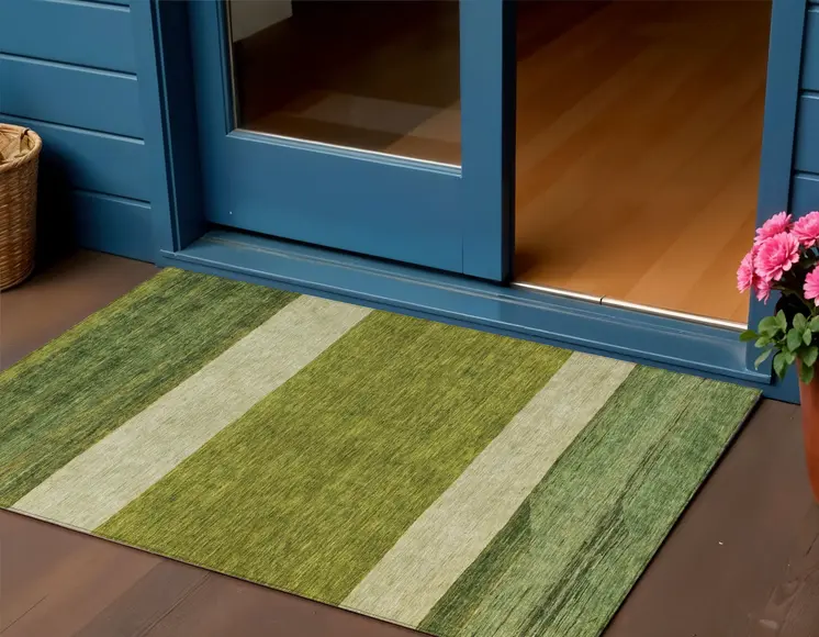 3' X 5' Olive Green Fern Green And Ivory Abstract Washable Indoor Outdoor Area Rug