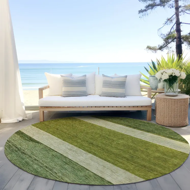 8' Olive Green Fern Green And Ivory Round Abstract Washable Indoor Outdoor Area Rug