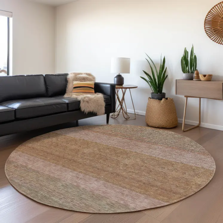 8' Salmon Rust And Taupe Round Abstract Washable Indoor Outdoor Area Rug