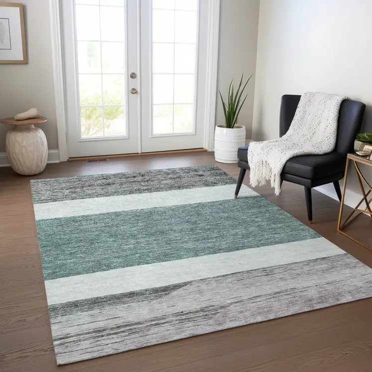 5' X 8' Teal Blue Off White And Gray Abstract Washable Indoor Outdoor Area Rug