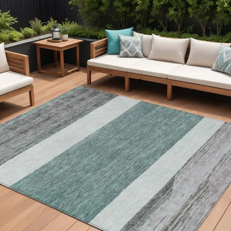 10' X 14' Teal Blue Off White And Gray Abstract Washable Indoor Outdoor Area Rug