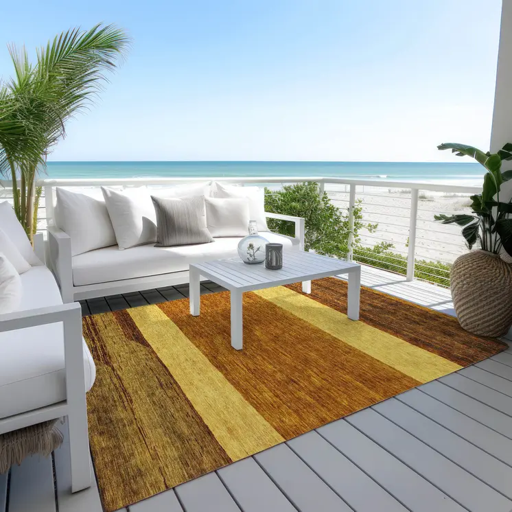5' X 8' Terra Cotta Gold And Brown Abstract Washable Indoor Outdoor Area Rug
