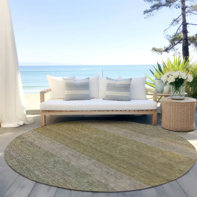 8' Wheat Gold And Gray Round Abstract Washable Indoor Outdoor Area Rug