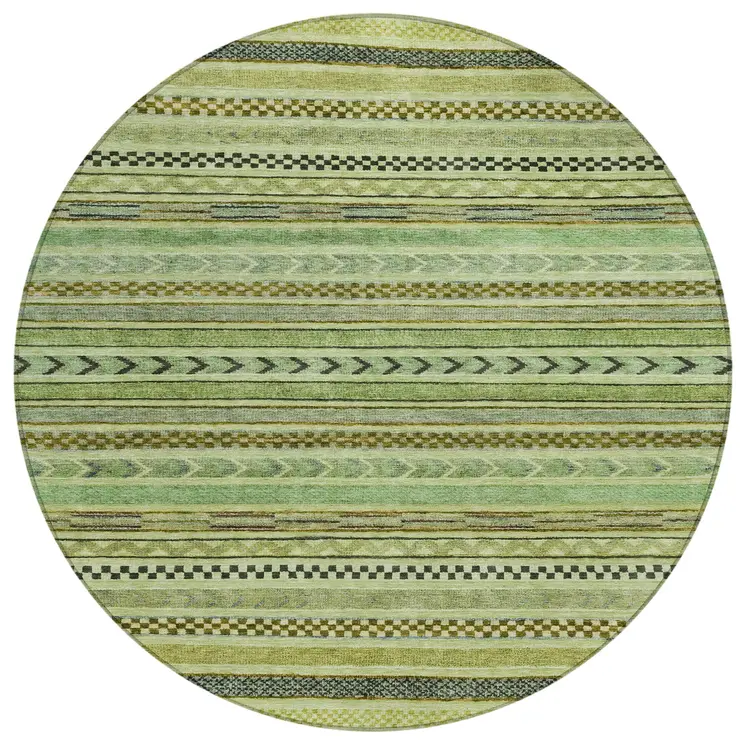 8' Artichoke Green And Taupe Round Striped Washable Indoor Outdoor Area Rug