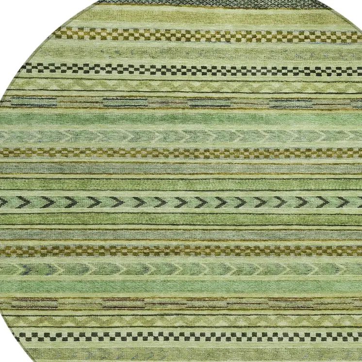 8' Artichoke Green And Taupe Round Striped Washable Indoor Outdoor Area Rug