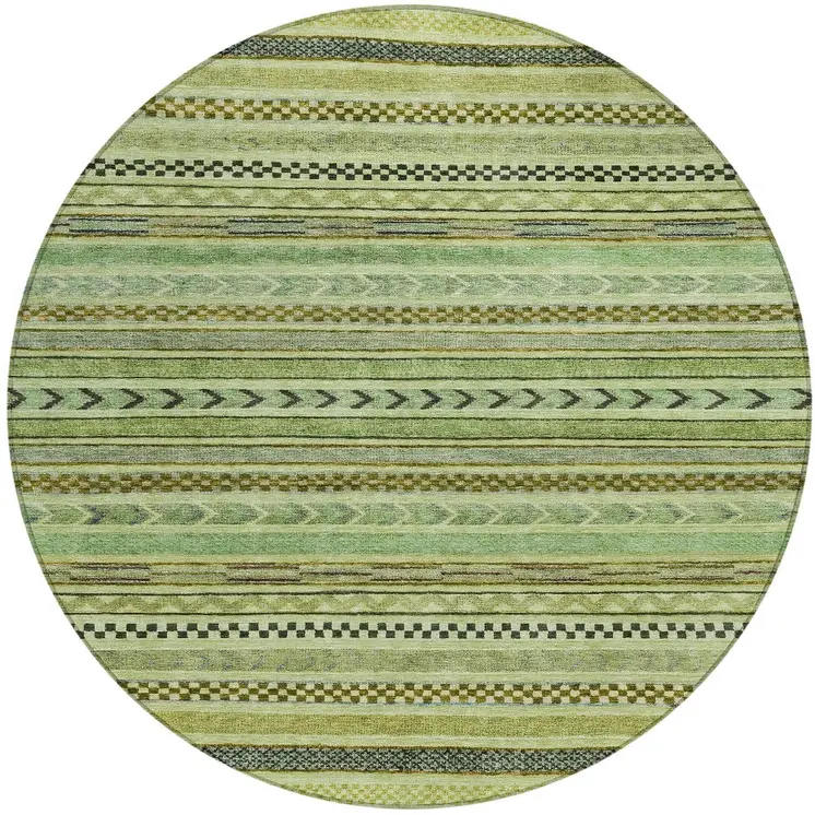 8' Artichoke Green And Taupe Round Striped Washable Indoor Outdoor Area Rug