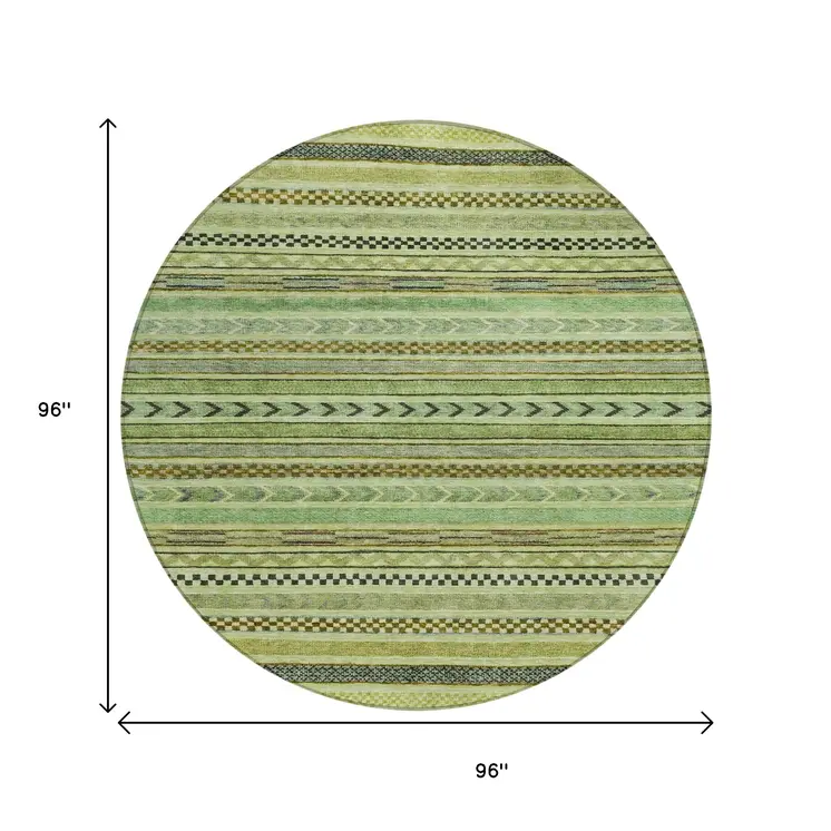 8' Artichoke Green And Taupe Round Striped Washable Indoor Outdoor Area Rug
